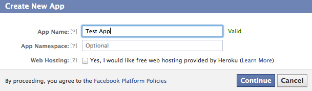 Prompt for creating app in Facebook