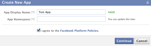 Prompt for creating app in Facebook